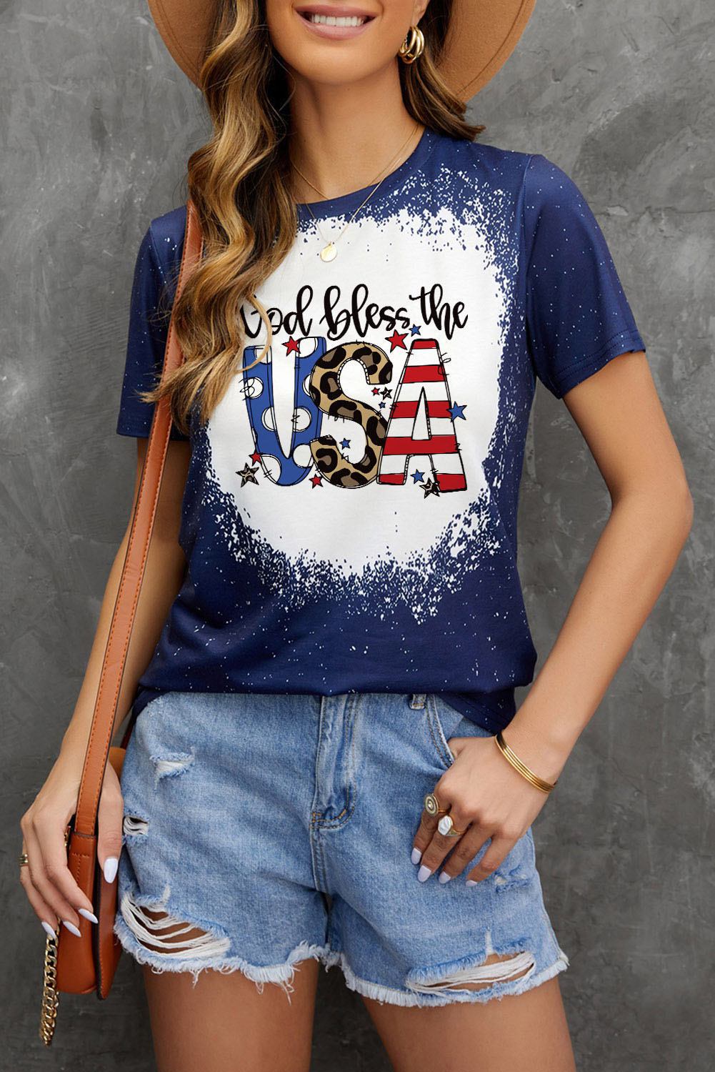 Blue God Bless the USA Print Bleach Short Sleeve T-Shirt