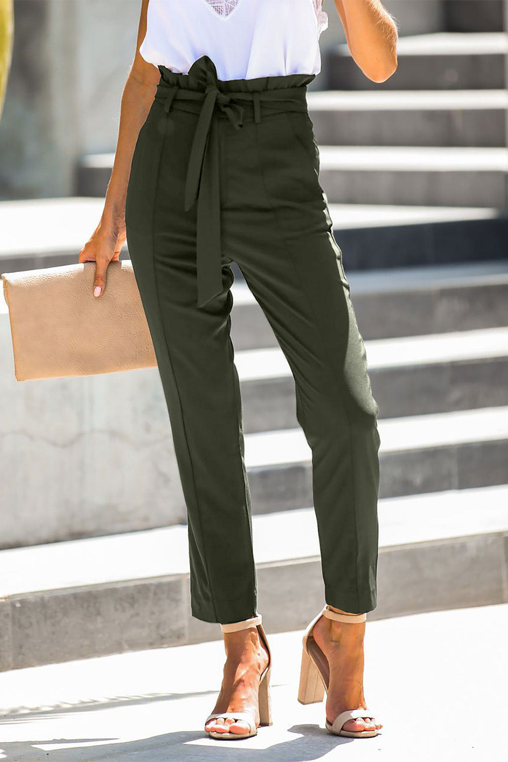 Green Casual Paperbag Waist Straight Leg Pants with Belt
