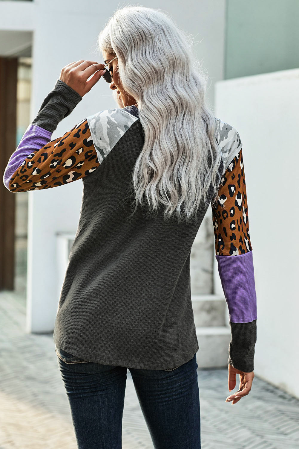 Gray Multi Print Color block Sleeves Waffle Knit Top