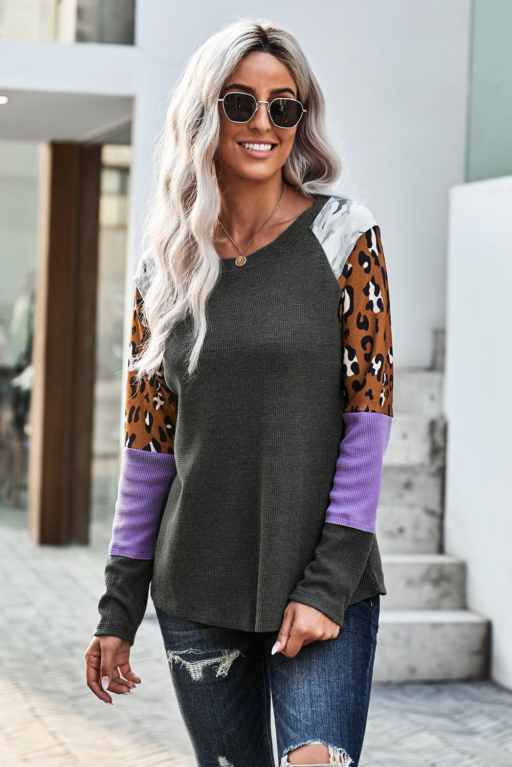 Gray Multi Print Color block Sleeves Waffle Knit Top