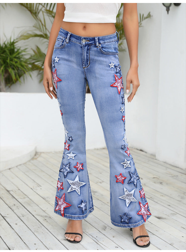 Women Clothing Wide Leg Pants Denim Bell Bottom Pants Women Embroidered Patch Embroidered Trousers
