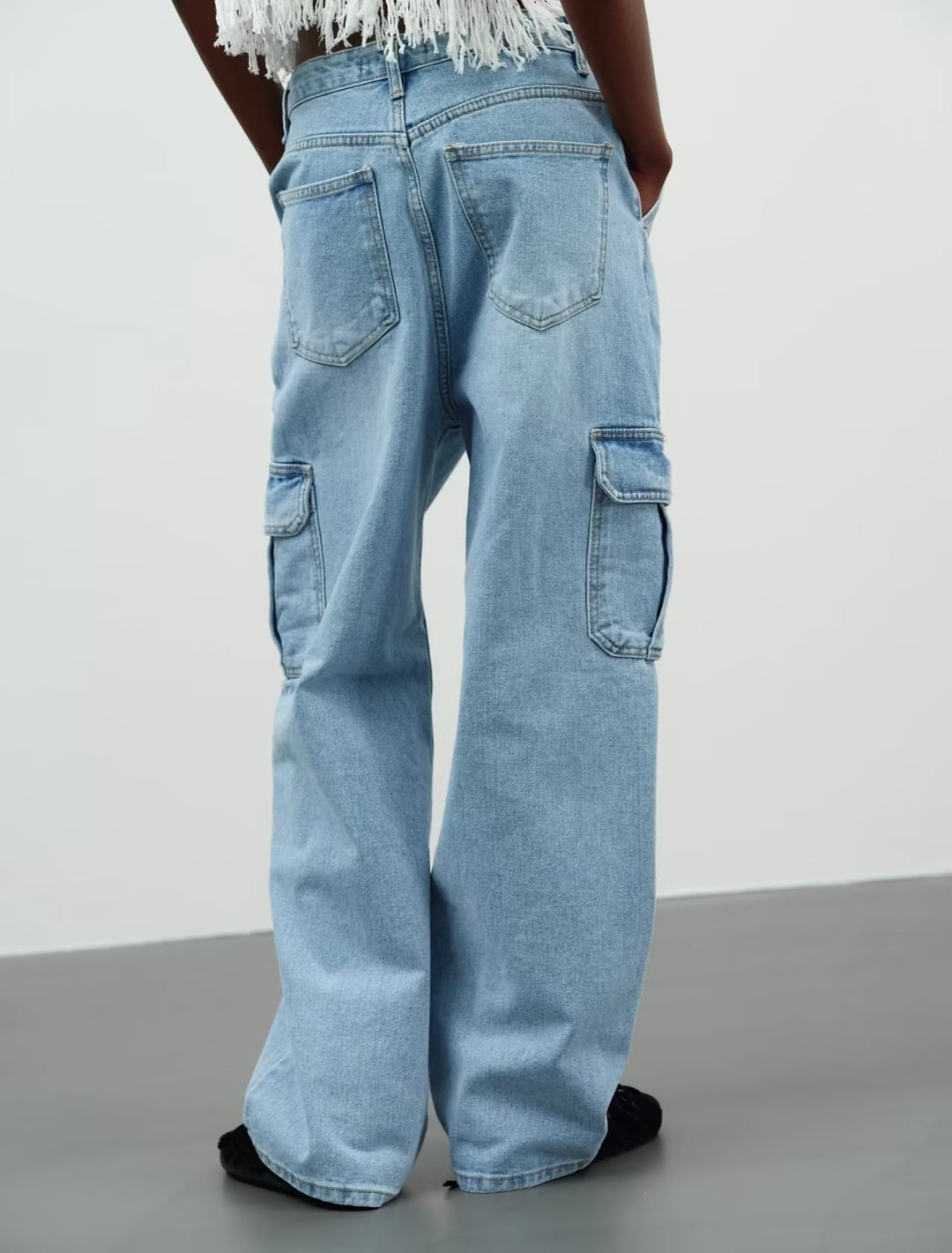 Light Blue Jeans for Women Summer Sexy Big Pocket Straight Cargo Trousers