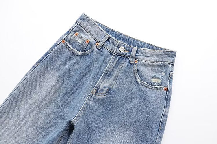 Summer Casual Straight Leg Trousers Perforated Hole Decoration Loose Mid Waist Jeans