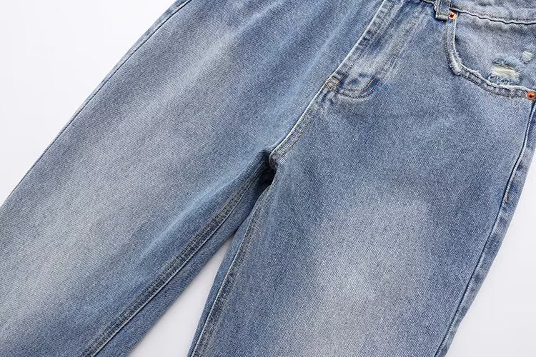 Summer Casual Straight Leg Trousers Perforated Hole Decoration Loose Mid Waist Jeans