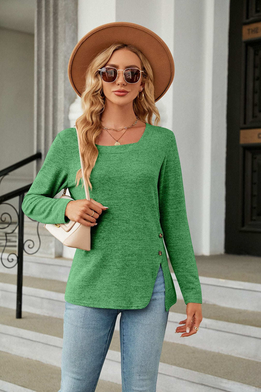 Autumn Winter Square Collar Button Slit Loose Long Sleeve T shirt Top Women