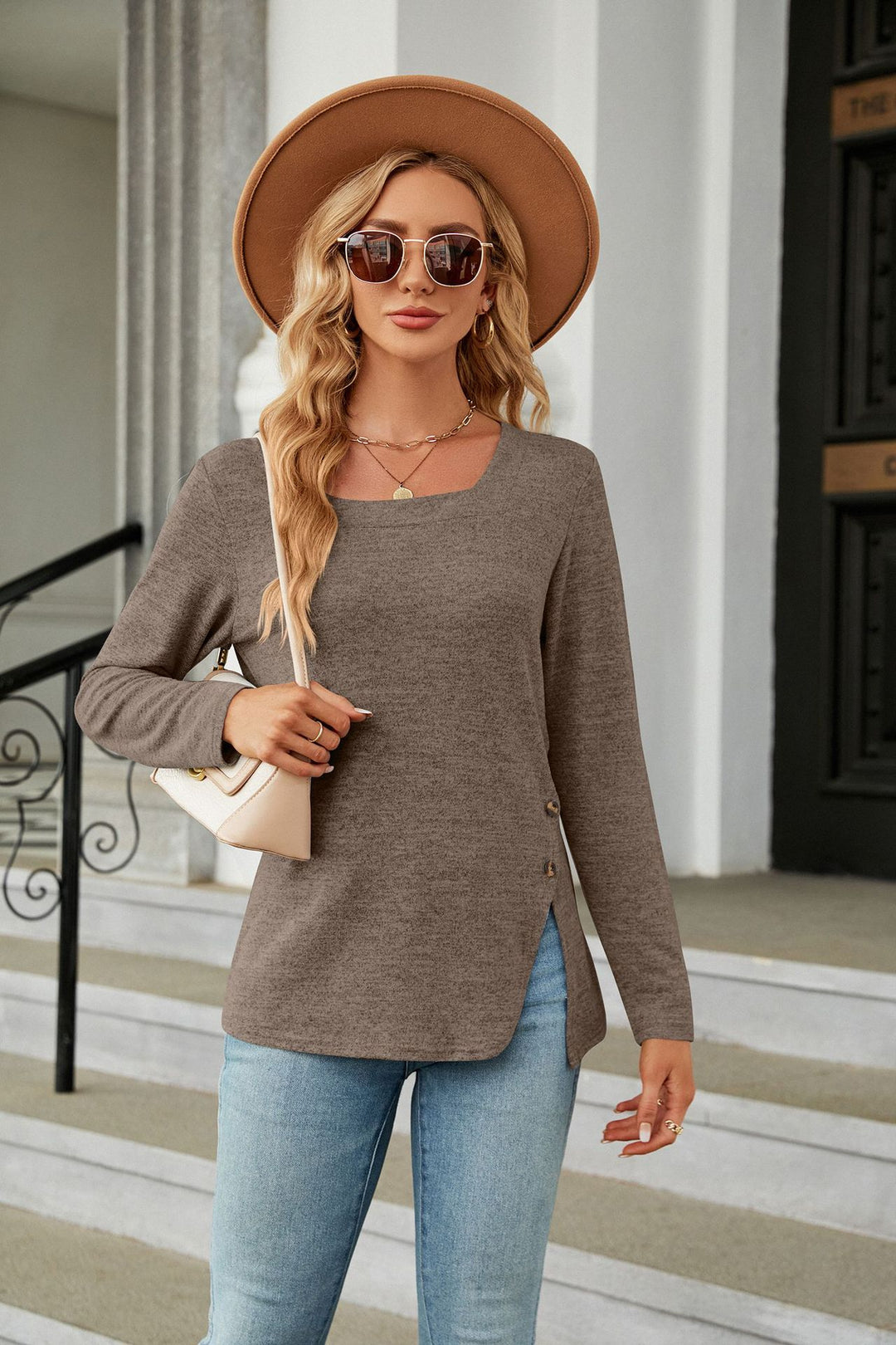 Autumn Winter Square Collar Button Slit Loose Long Sleeve T shirt Top Women