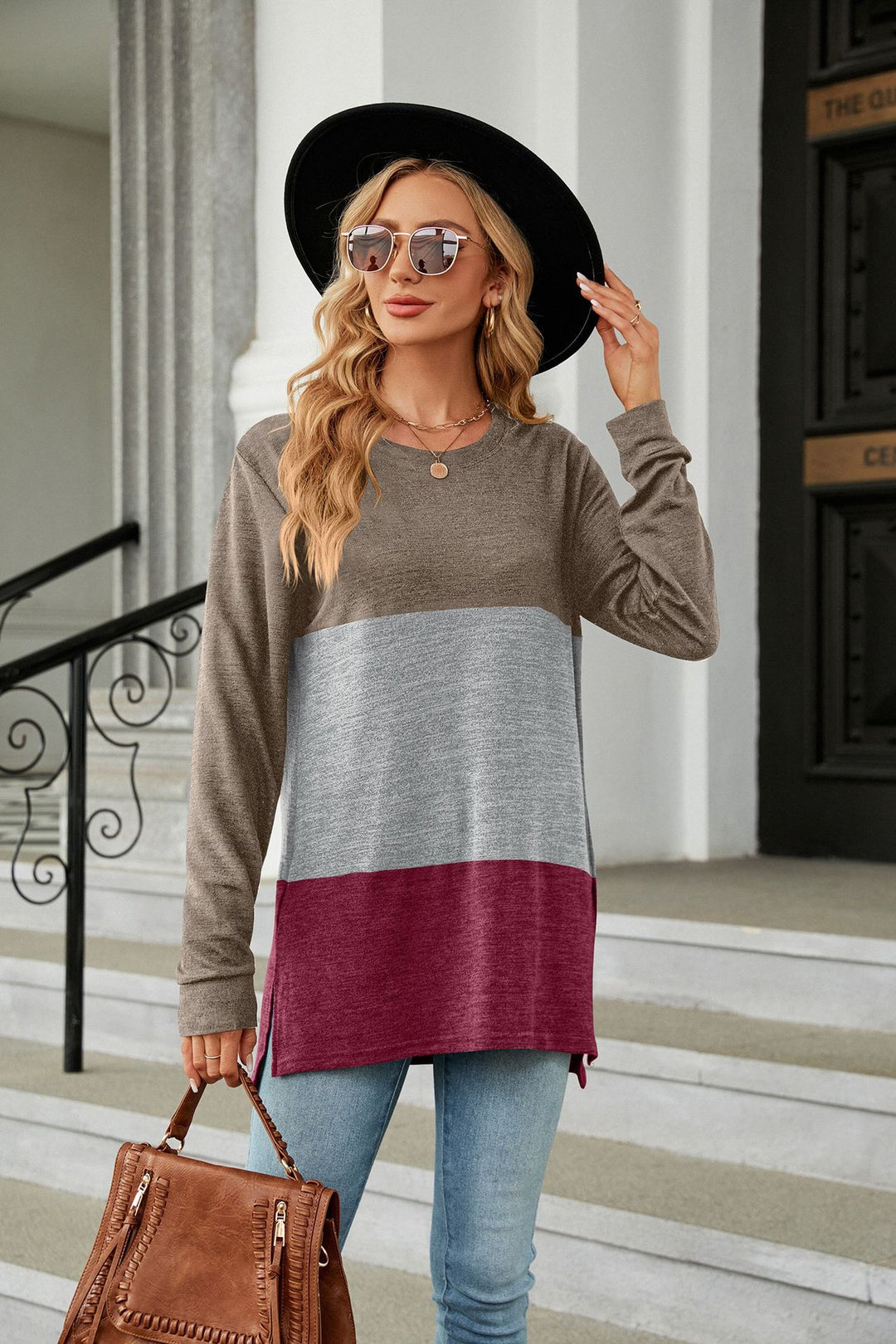 Autumn Winter Solid Color round Neck Contrast Color Stitching Loose Long Sleeved T shirt Women