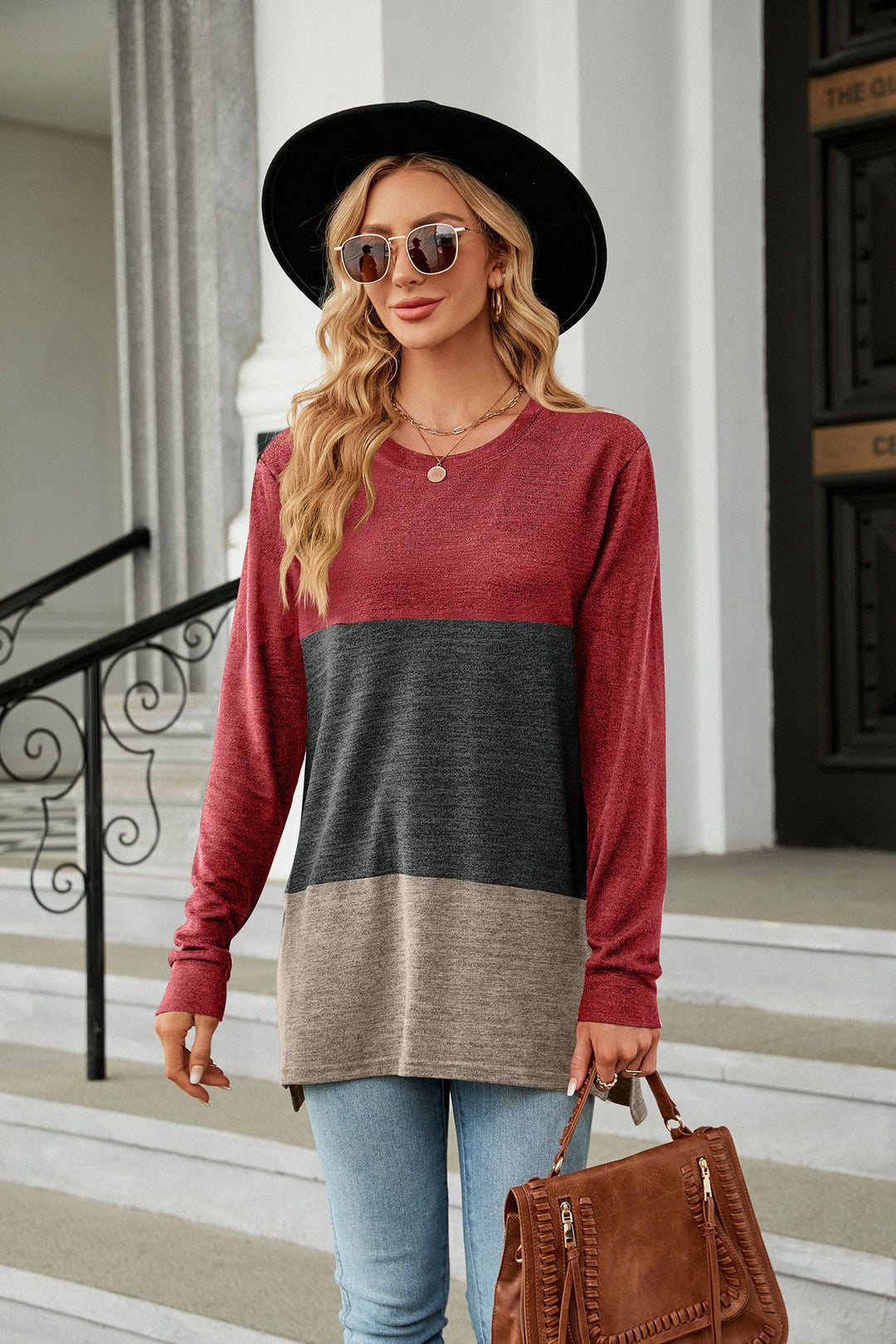 Autumn Winter Solid Color round Neck Contrast Color Stitching Loose Long Sleeved T shirt Women