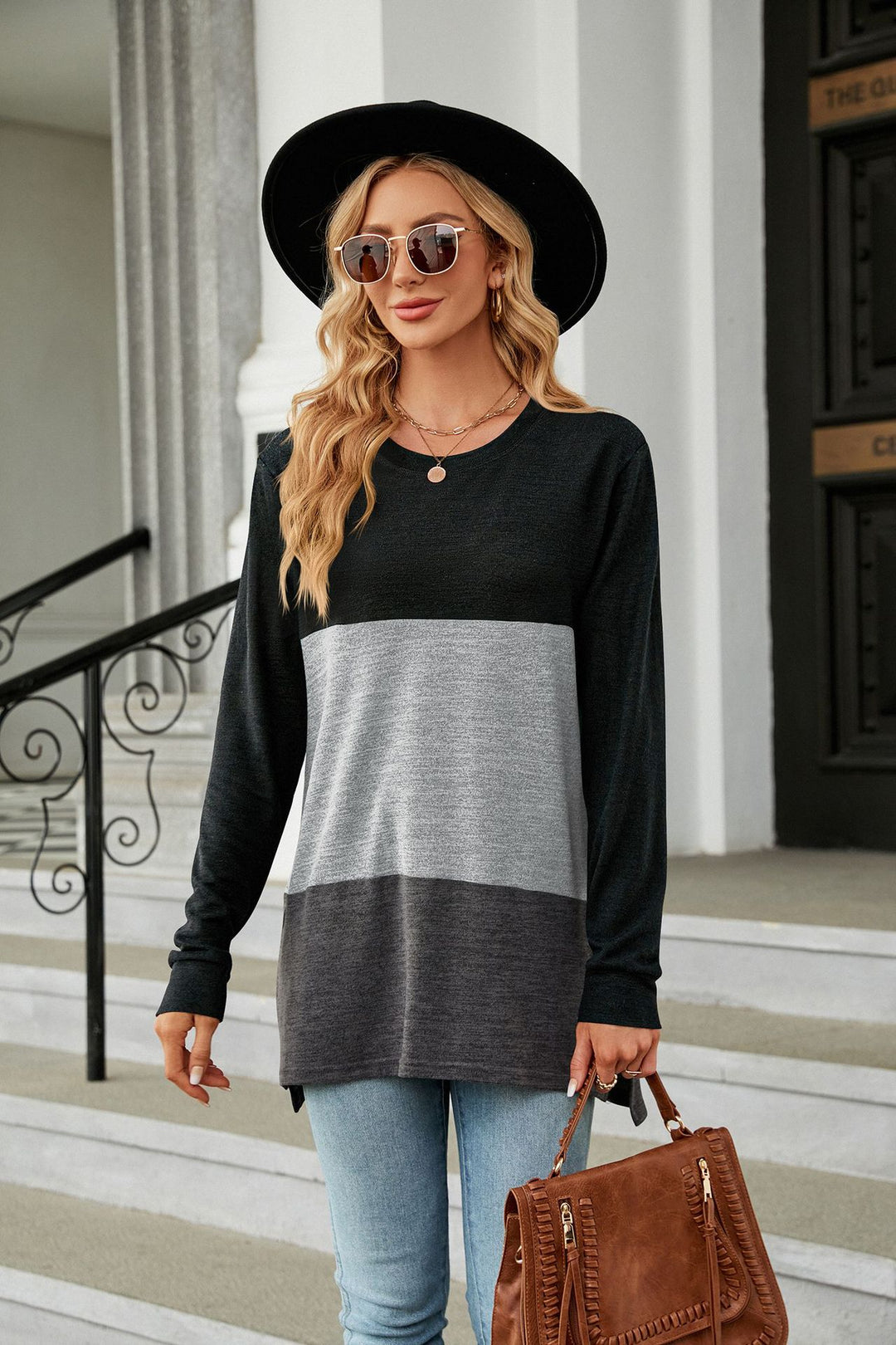 Autumn Winter Solid Color round Neck Contrast Color Stitching Loose Long Sleeved T shirt Women