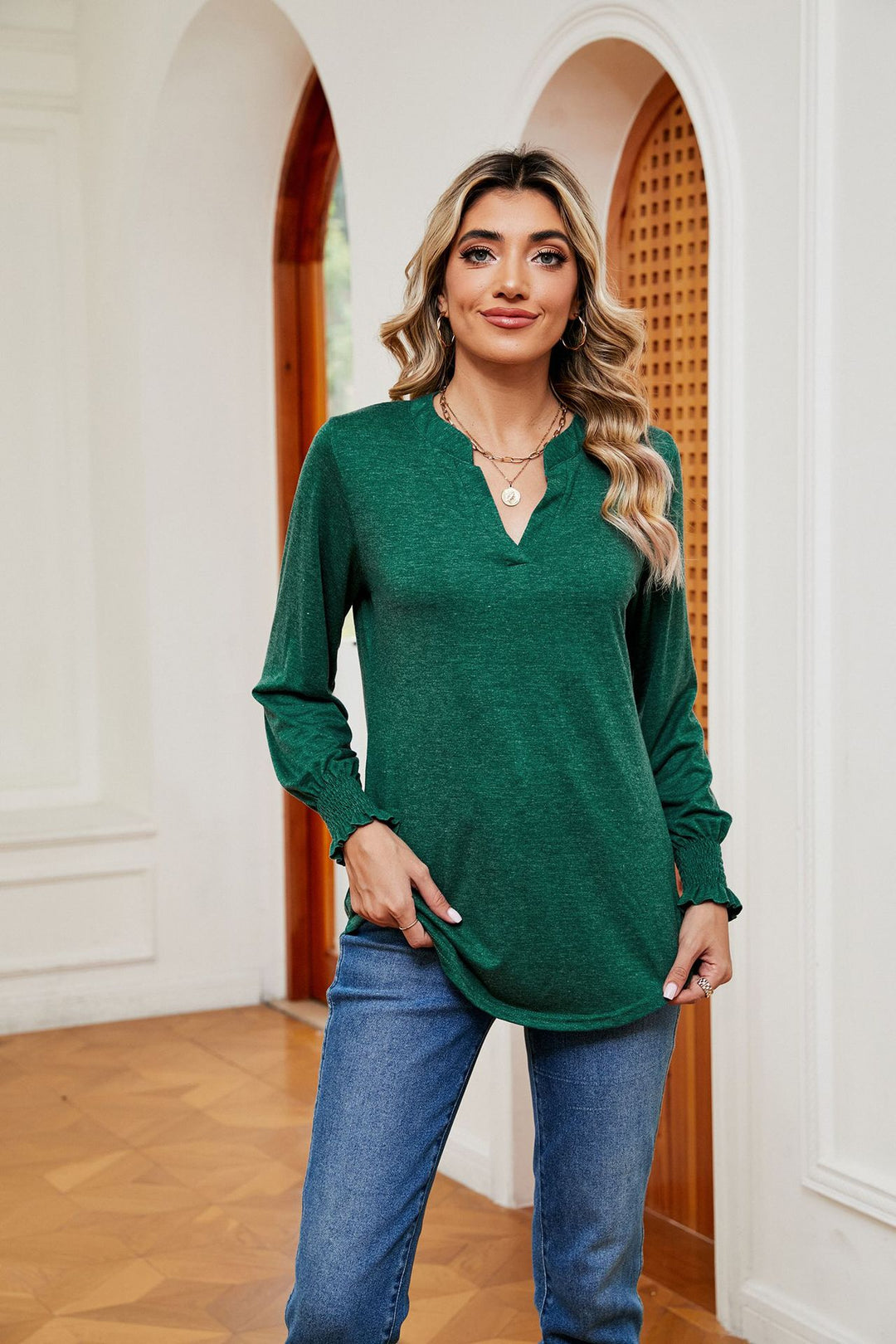 Autumn Winter Solid Color V neck Loose Long Sleeve Casual T shirt Top Ladies