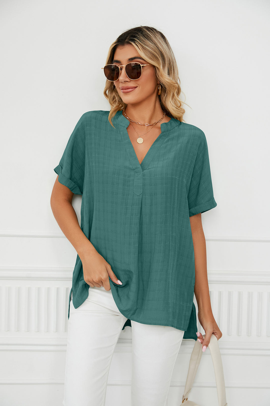 Thin V Neck Casual Pullover Solid Color Loose Shirt Top Women