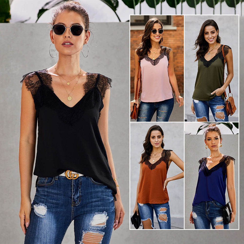 Outdoor Vest T-shirt Women Summer V-neck Sleeveless Lace Splicing Sling Top