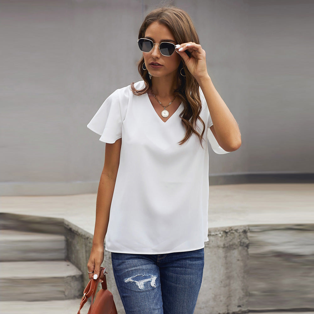 Solid Color Bottoming T shirt for Women Summer V neck Short Sleeve Pullover Regular Top