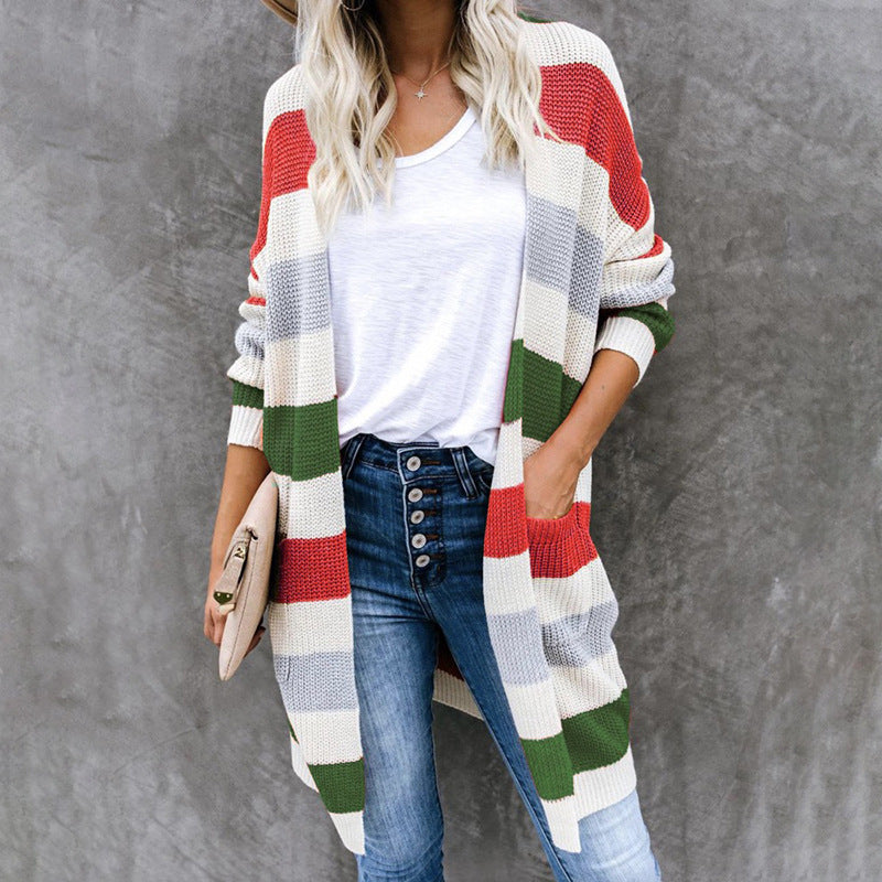 Striped Stitching Sweater Cardigan Women Autumn Winter New Long Color Matching Pocket Knitted Cardigan