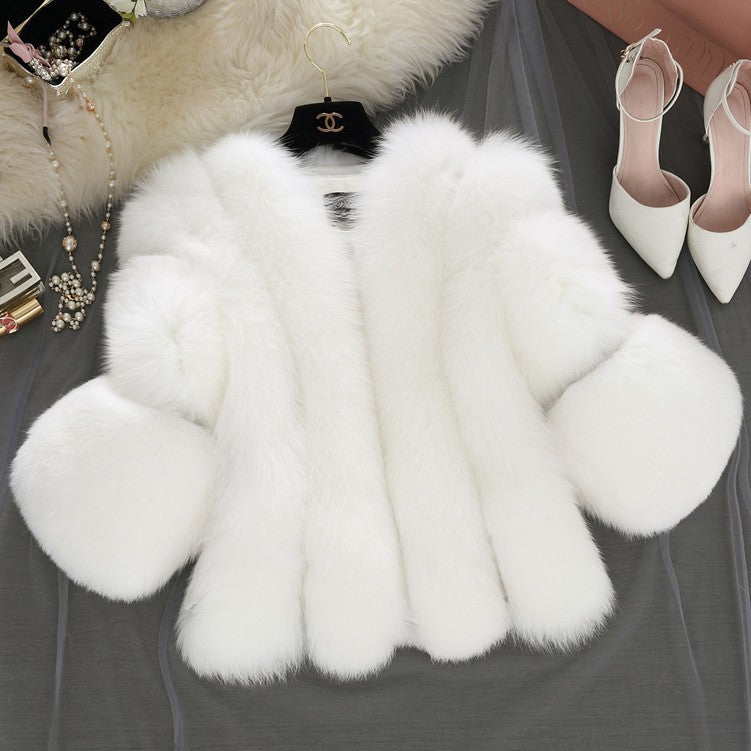 Fur Women Coat Faux Fur Short Stitching Three-Quarter Sleeve Artificial Fur