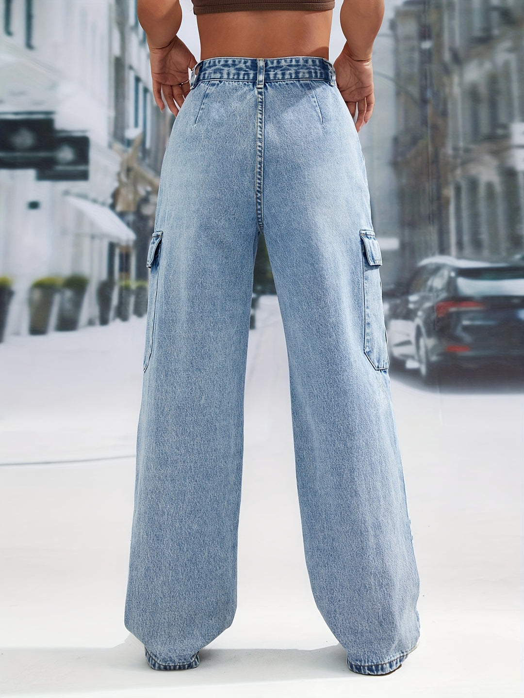 Women Clothing Large Pocket High Waist Casual Straight Leg Denim Trousers