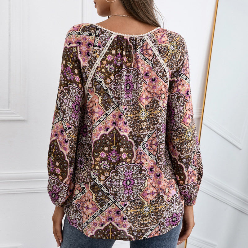 Loose Casual Lace Patchwork Shirt Bohemian V-neck Long-Sleeved Printed Shirt Top for Women