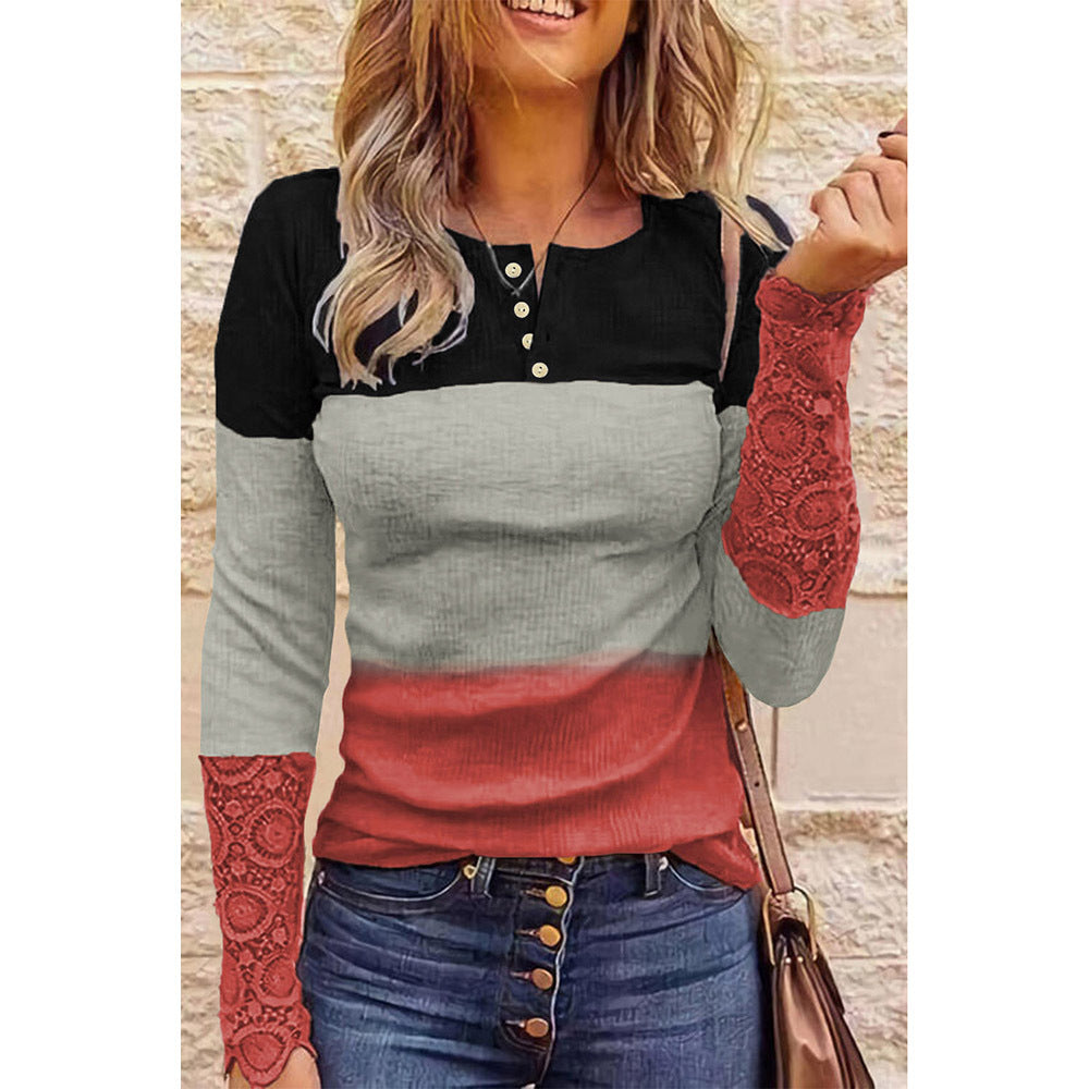 Color Matching Long-Sleeved Top for Women Spring Casual Bottoming Shirt