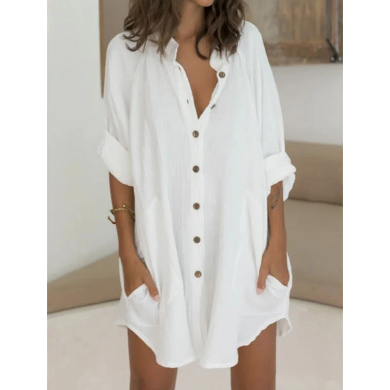 Autumn Winter Casual Loose Single Breasted Shirt Dress Women