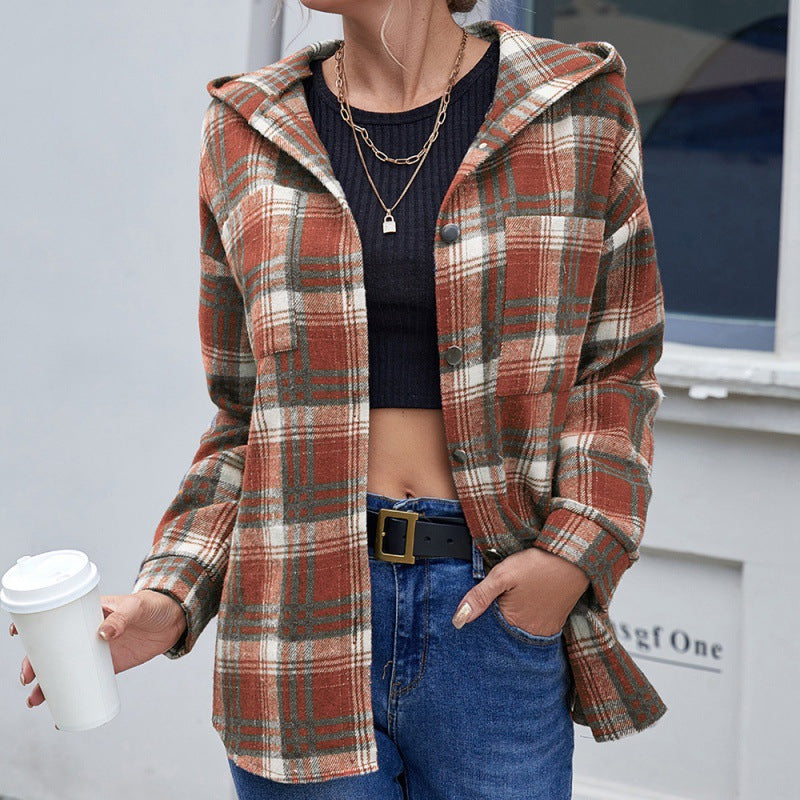 Loose Casual Long Sleeves Single-Breasted Plaid Hooded Jacket Coat Dovetail Plaid Shacket Jacket for Women