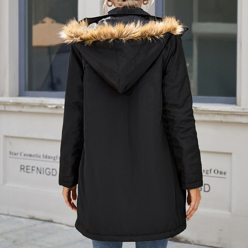 Casual Hooded Mid Length Trench Coat Overcoat Zipper Cotton Padded Coat Women
