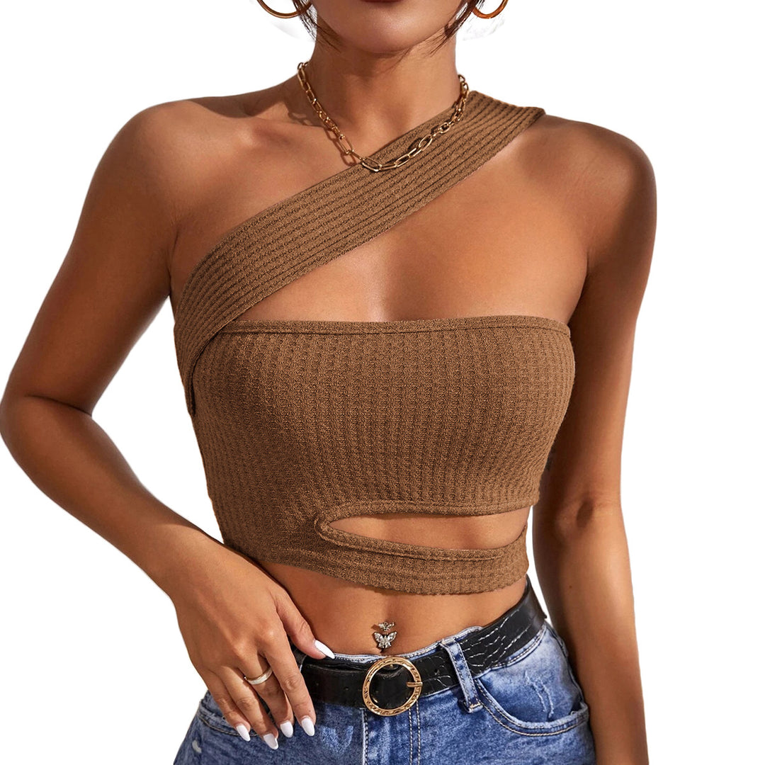 WomenClothing New Sexy Hollow Out Cutout out Knitted Vest Ultra Short Oblique Shoulder Tank-Top