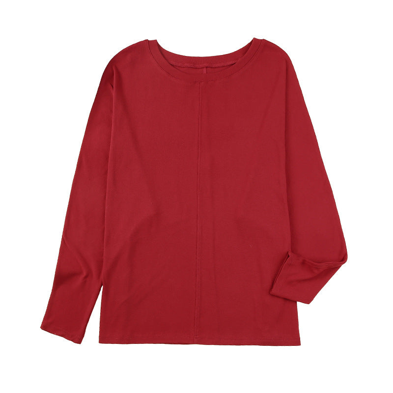 Red Patchwork Long Sleeved Top Women Casual All Matching Base T shirt