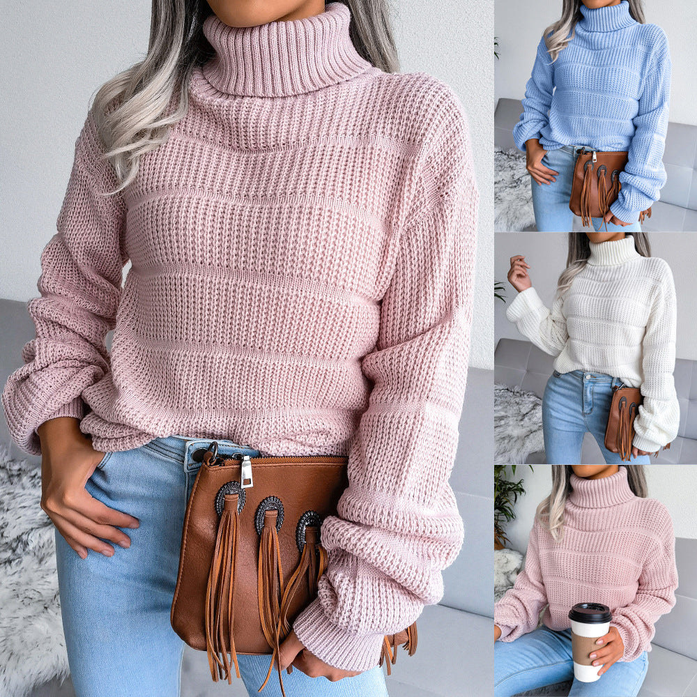 Autumn Winter Turtleneck Long Sleeve Hollowed Casual Bottoming Knitted Sweater Women Clothing