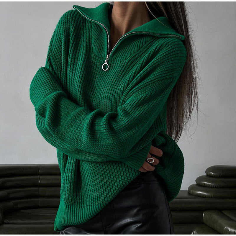 Zipper Sweater Pullover Knitted Loose Casual Women Clothing Women  Autumn Winter
