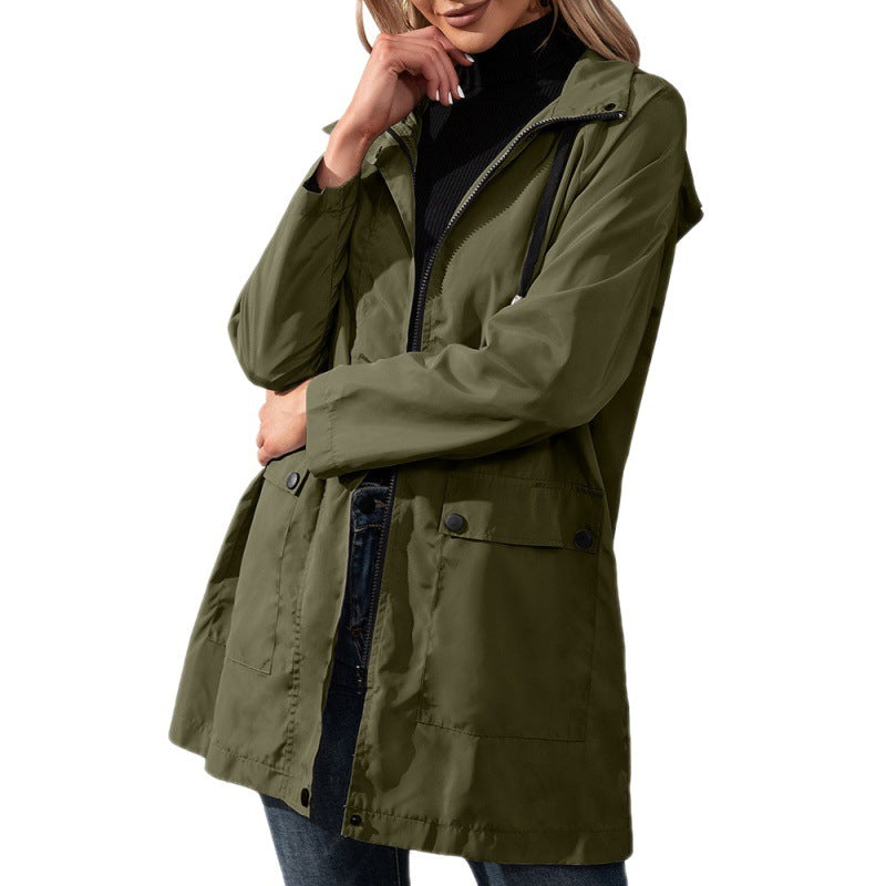 Loose Outdoor Casual Sport Climbing Raincoat Mid-Length Zipper Waterproof Hooded Trench Coat Coat