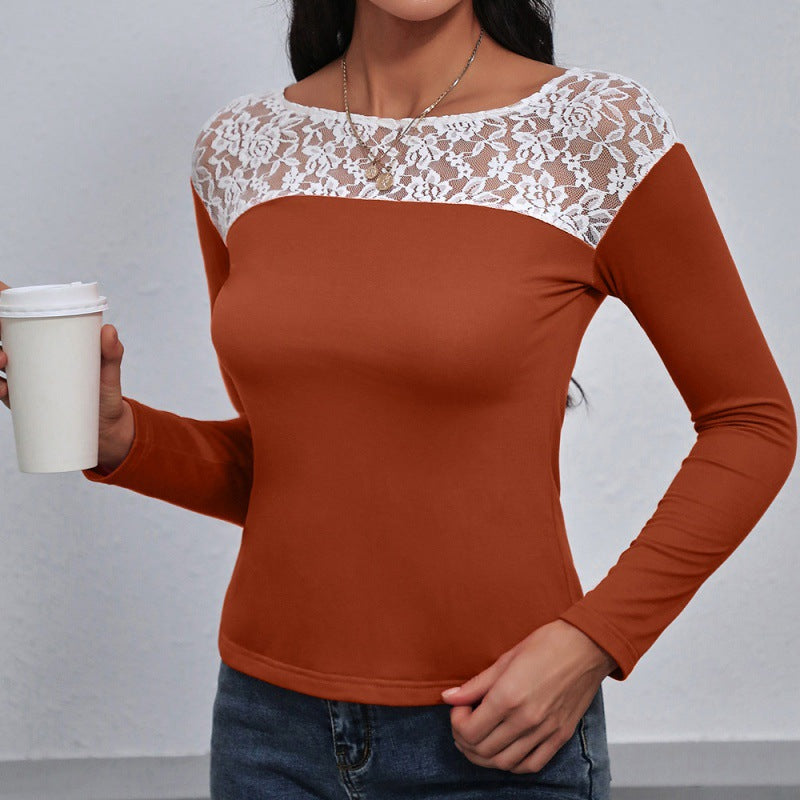 Lace Patchwork Round Neck Long Sleeved T Shirt Sexy Hollow Out Cutout Top Women