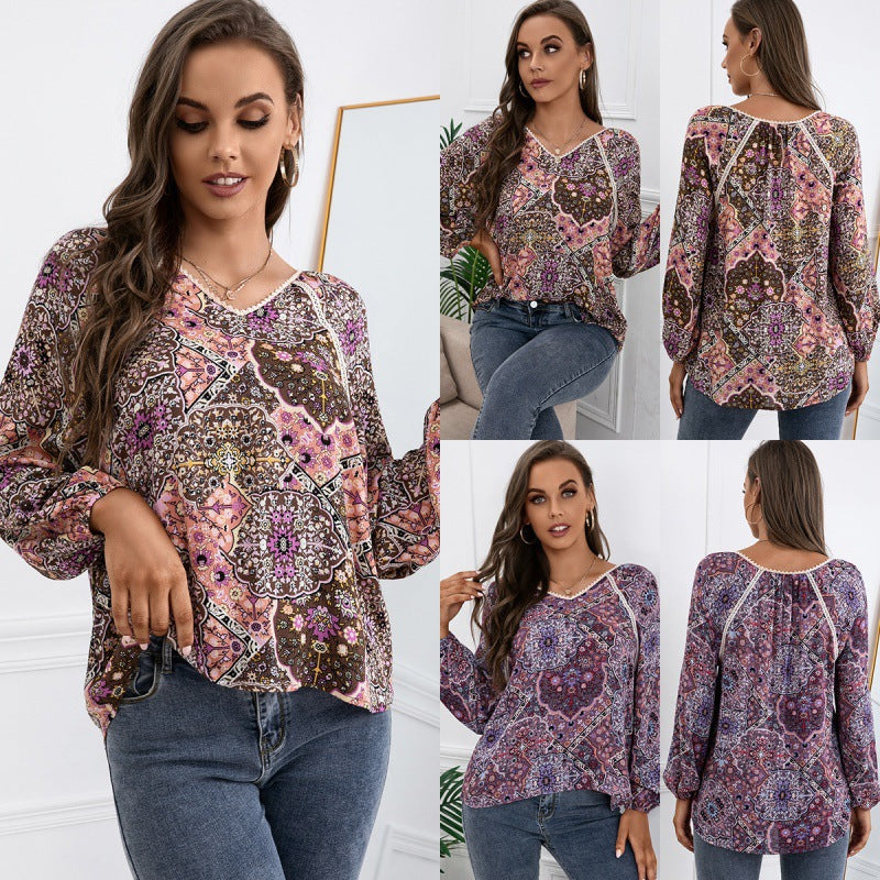 Loose Casual Lace Patchwork Shirt Bohemian V-neck Long-Sleeved Printed Shirt Top for Women