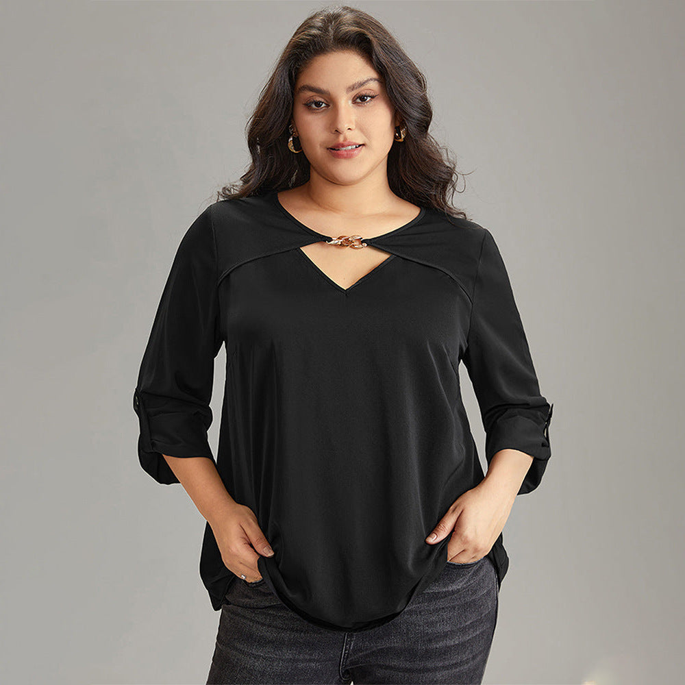 Plus Size Design Women Clothing Office Autumn Winter Bottoming Shirt V Neck Flared Long Sleeve Top