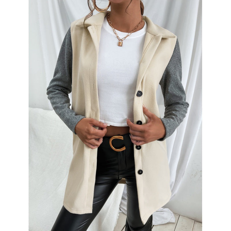 Casual Single Breasted Color Matching Trench Coat Office Contrast Color Top Women