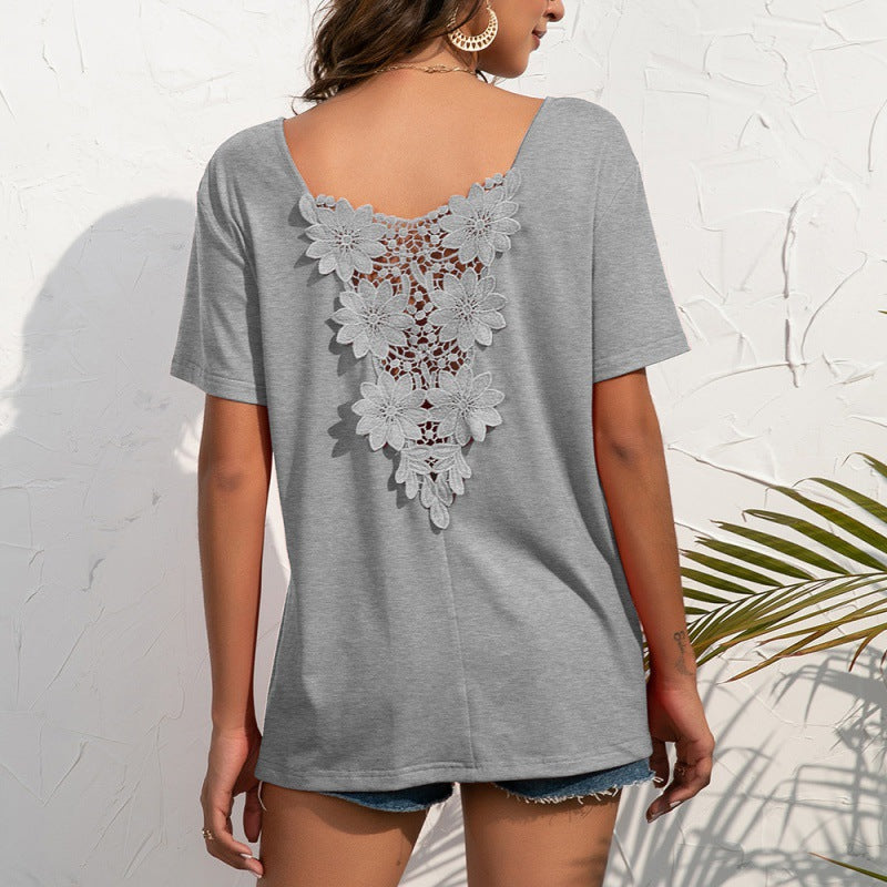 Casual Lace Lace V Neck Patchwork Pullover Short-Sleeved T Shirt Sexy Hollow Out Cutout Backless Top Women