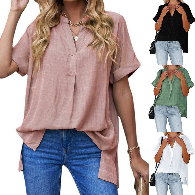 Casual Summer Women V-neck Short Sleeve Solid Color Thin Loose Checked Shirt