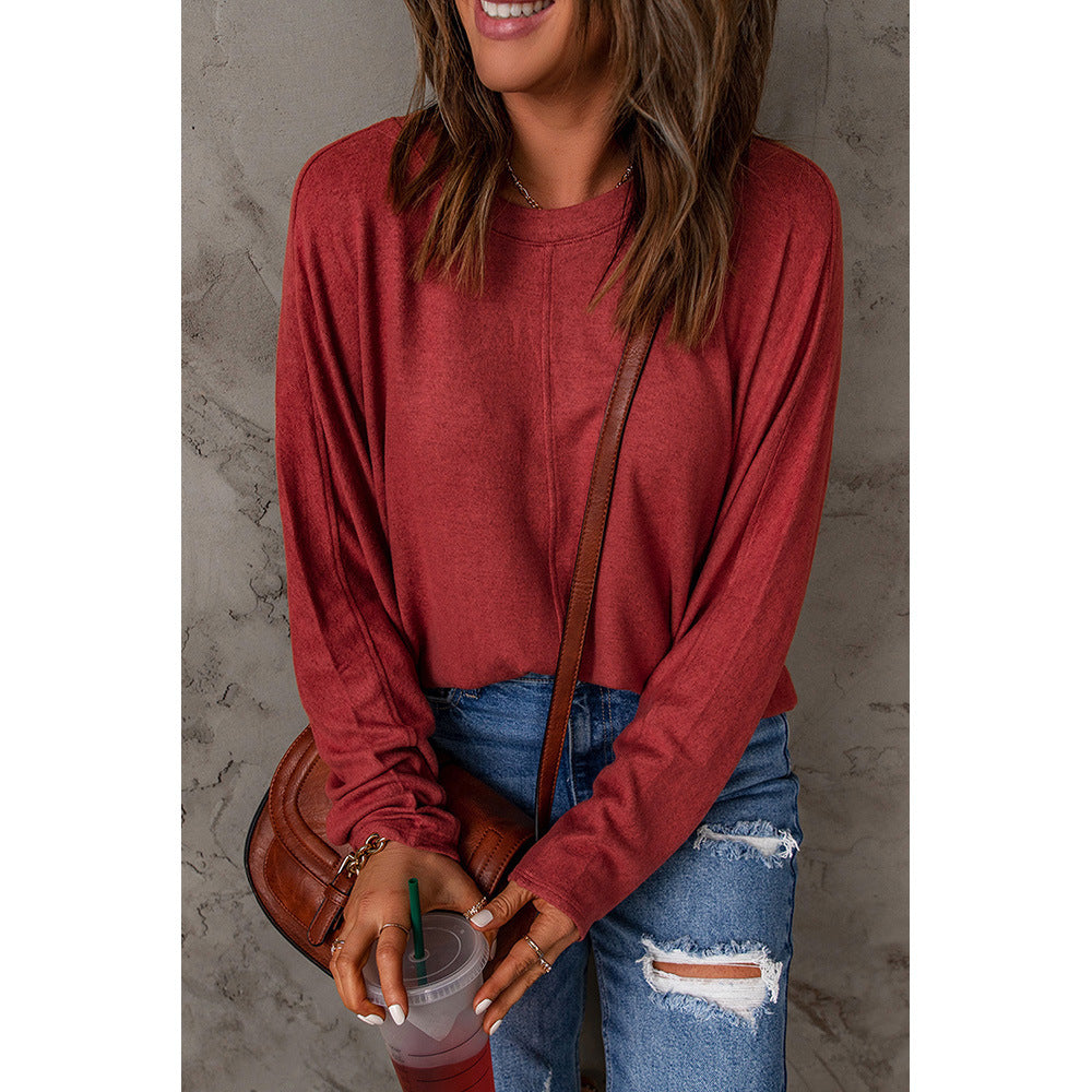 Red Patchwork Long Sleeved Top Women Casual All Matching Base T shirt