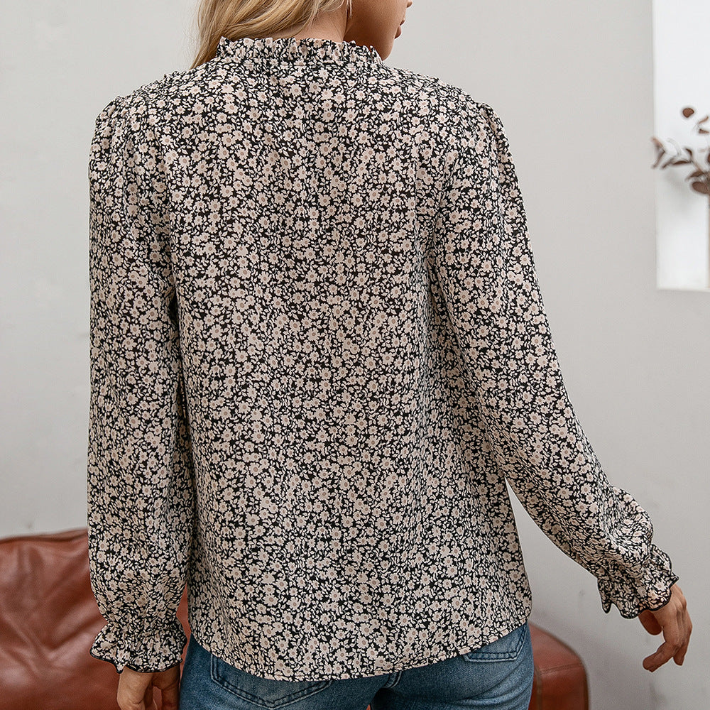 Autumn Loose Casual Print Fungus V-neck Shirt Small Floral Lotus Leaf Long Sleeve Shirt Top Female