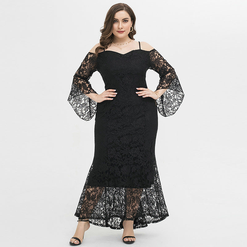 Plus Size Women Evening Dress Elegant Lady Long Lace Dress