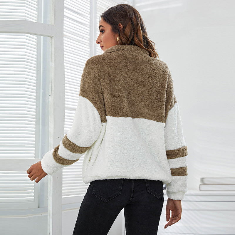 Autumn Winter Collared Zipper Stitching Contrast Color Plush Sweater