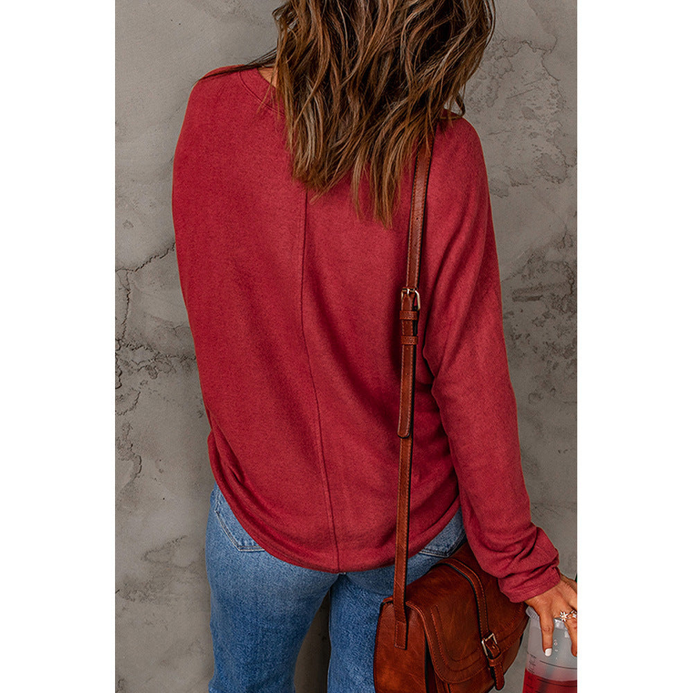 Red Patchwork Long Sleeved Top Women Casual All Matching Base T shirt