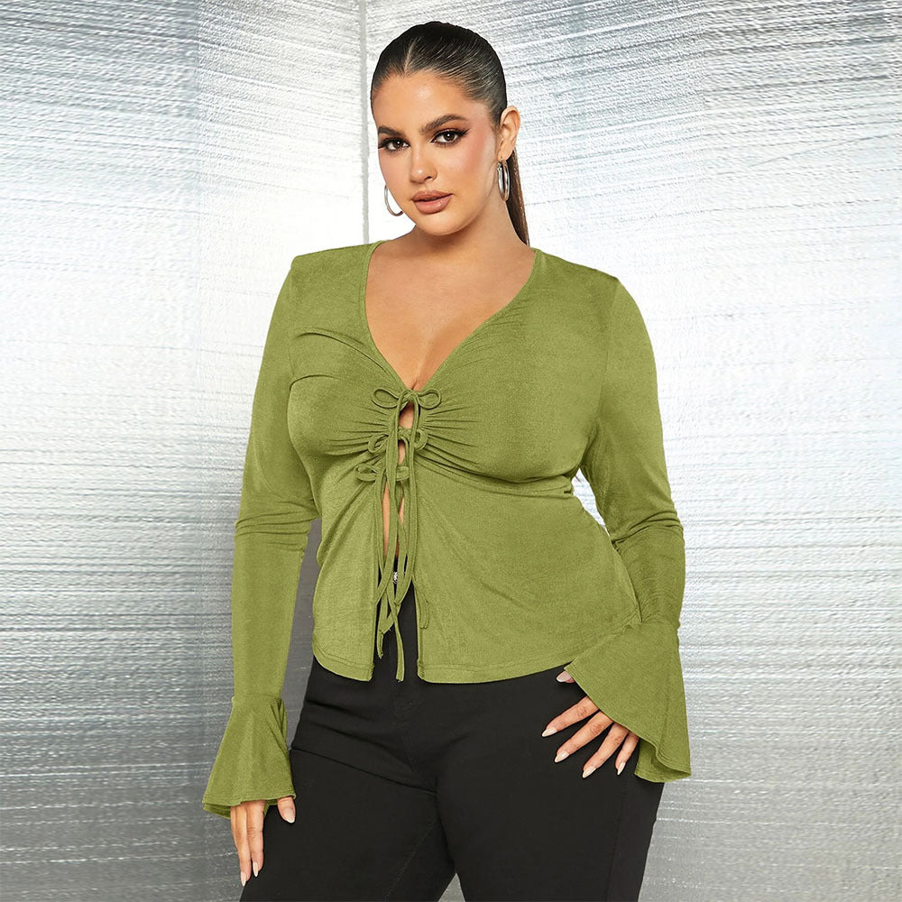 plus Size Women Clothes Slim Fit Lace up V neck Knitted Long Sleeves Office Sexy Top Women Shirt