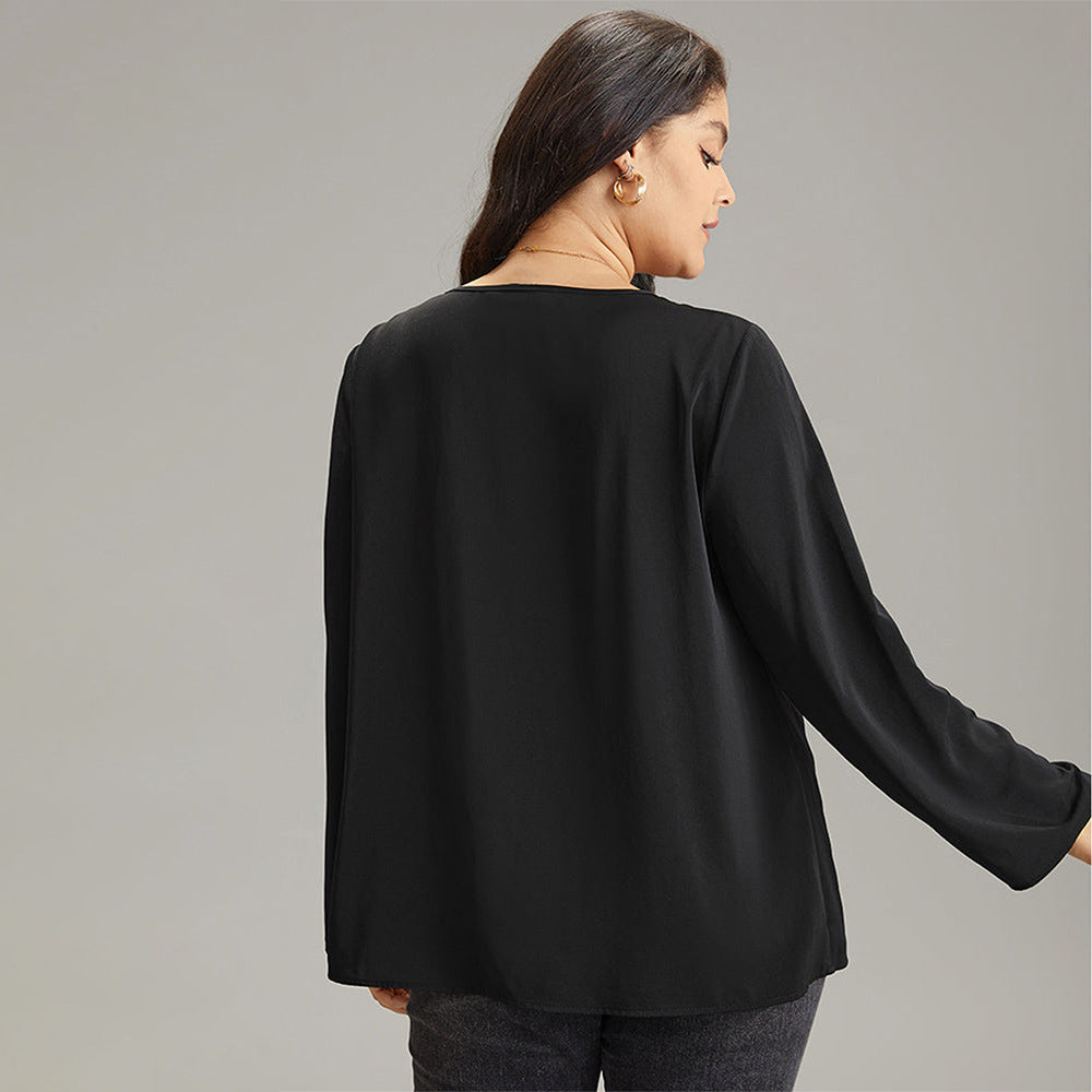 Plus Size Design Women Clothing Office Autumn Winter Bottoming Shirt V Neck Flared Long Sleeve Top