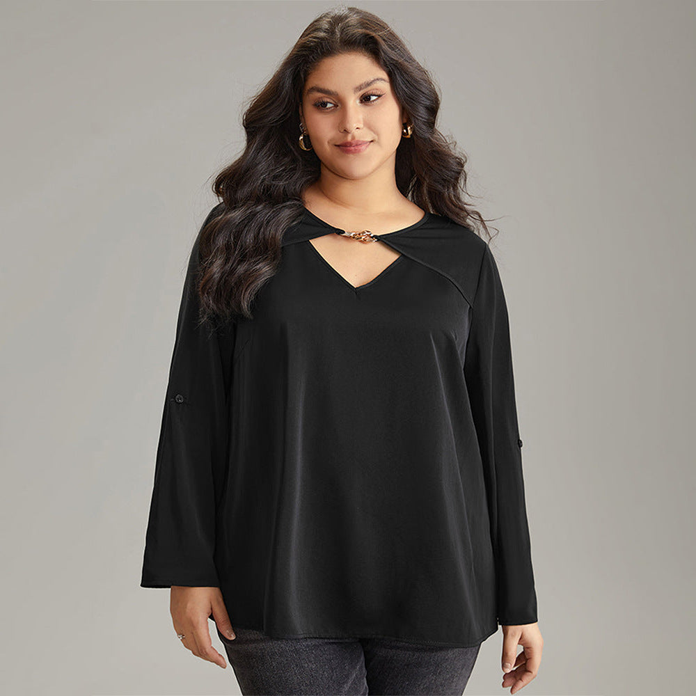 Plus Size Design Women Clothing Office Autumn Winter Bottoming Shirt V Neck Flared Long Sleeve Top