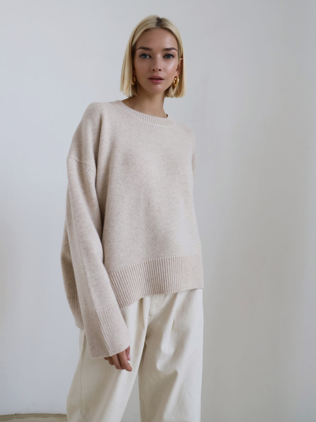 Autumn Winter Women  Knitwear Crew Neck Loose Solid Color Popular Sweater