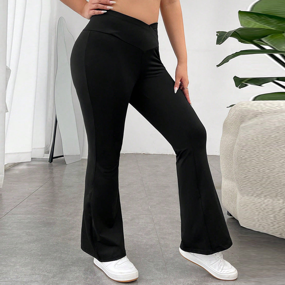Plus Size Women Clothes V Waist Casual Pants High Waist Hip Lift Slimming Bootcut Pants Drape Wide Leg Pants