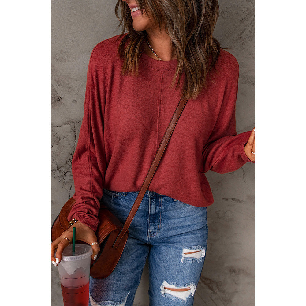 Red Patchwork Long Sleeved Top Women Casual All Matching Base T shirt