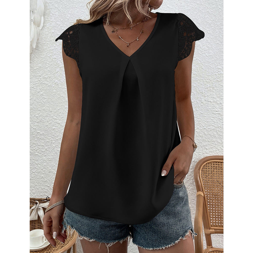 Summer Women Clothing Cutout Lace V neck Patchwork Short Sleeved Top Women