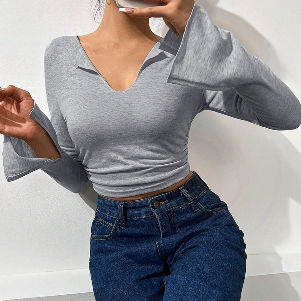 Retro Sexy Sexy Large V Neck Design High Waist Slim Short Pleated Flared Sleeves Long Sleeves T Shirt Bottoming Shirt