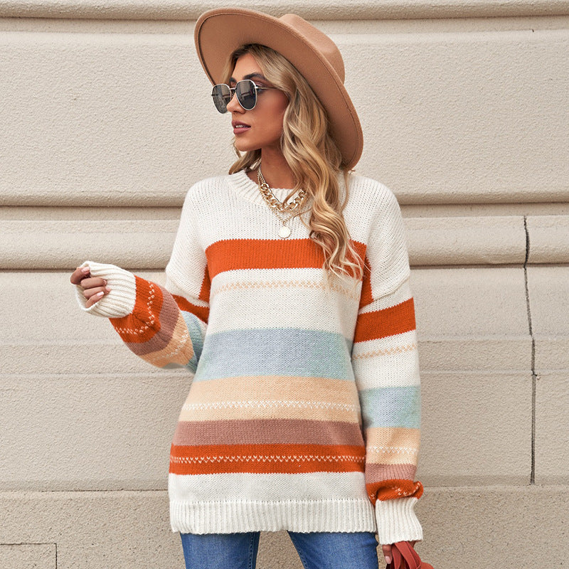 Autumn Winter New Stripe Sweater Women Thickened Loose Round Neck Sweater Boucle